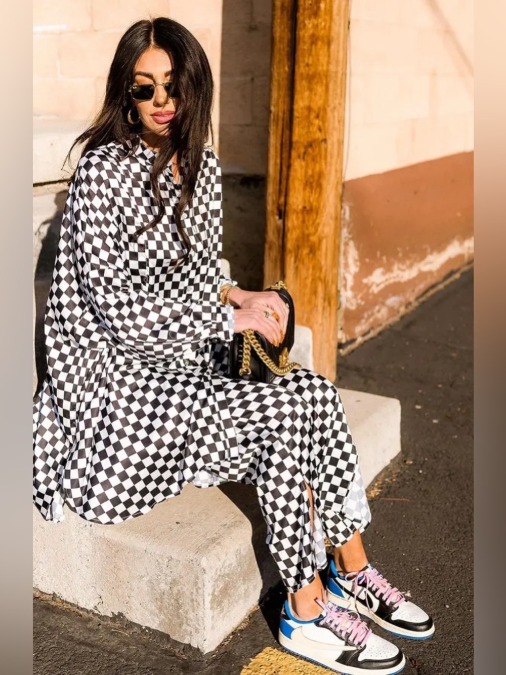 Dressed in Lala - Checkerboard Button-Up Satin Shirt & Pants Set - Black & White